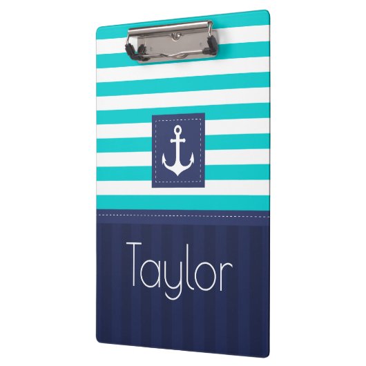 Modern Aqua Navy Stripes Anchor Personalized Klembord (Links)