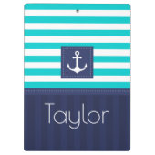 Modern Aqua Navy Stripes Anchor Personalized Klembord (Achterkant)