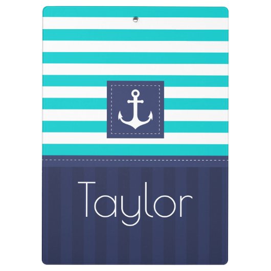 Modern Aqua Navy Stripes Anchor Personalized Klembord (Achterkant)