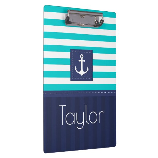 Modern Aqua Navy Stripes Anchor Personalized Klembord (Rechts)