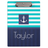 Modern Aqua Navy Stripes Anchor Personalized Klembord (Voorkant)