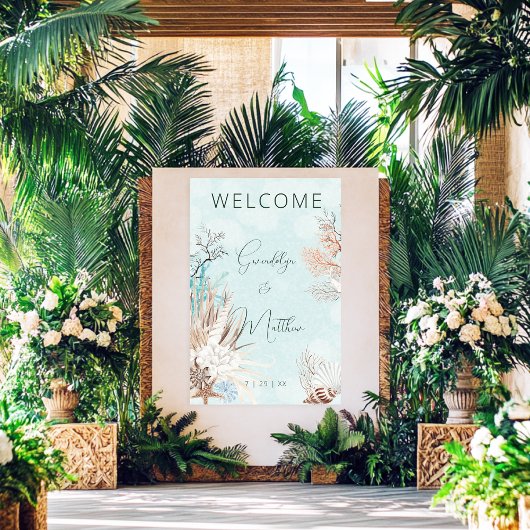 Modern Aqua Ocean & Shells Wedding Poster