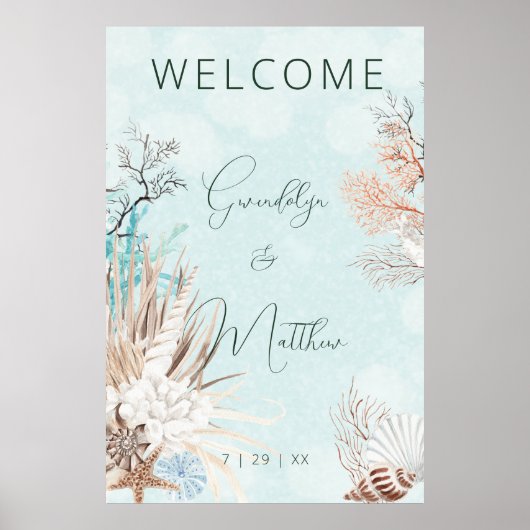 Modern Aqua Ocean & Shells Wedding Poster (Voorkant)