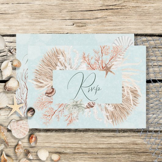 Modern Aqua Ocean & Shells Wedding RSVP Kaartje
