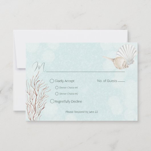 Modern Aqua Ocean & Shells Wedding RSVP Kaartje (Achterkant)