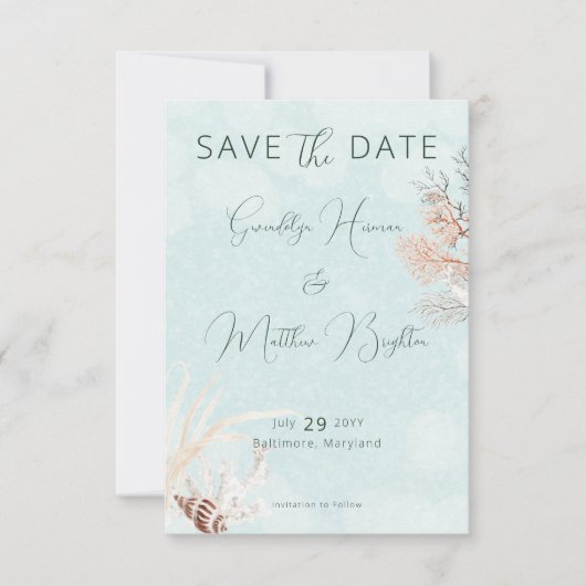 Modern Aqua Ocean & Shells Wedding Save The Date (Voorkant)