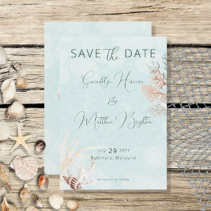 Modern Aqua Ocean & Shells Wedding Save The Date