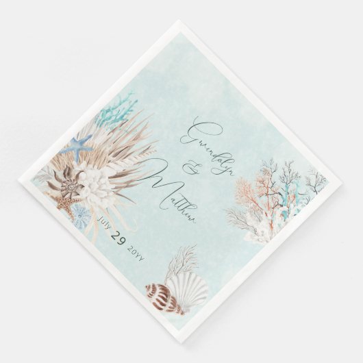 Modern Aqua Ocean & Shells Wedding Servet (Hoek)