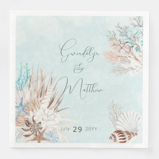 Modern Aqua Ocean & Shells Wedding Servet (Voorkant)
