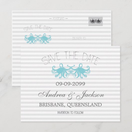 Modern Aqua Octopus Beach Bewaar de datumkaarten Aankondigingskaart (Voorkant / Achterkant)