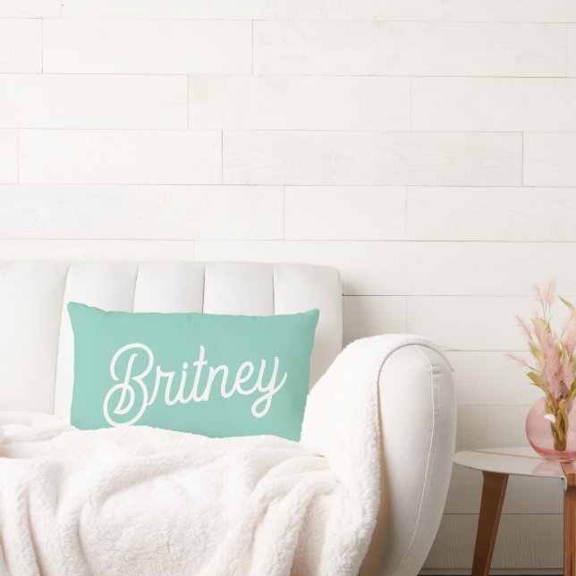Modern Aqua White Monogram en naam Kussen (Bank)
