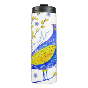 Modern aquarel blauw en geel vogelkunst thermosbeker
