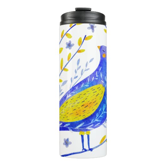 Modern aquarel blauw en geel vogelkunst thermosbeker (Voorkant)