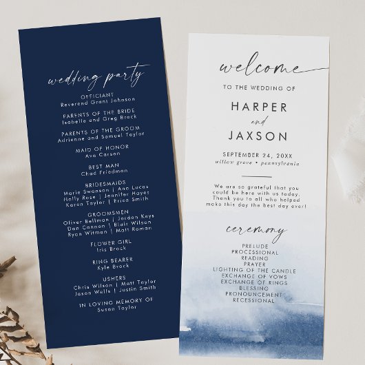Modern Aquarel | Blauw Huwelijksprogramma Programmakaart