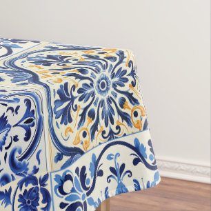 Modern Aquarel Mediterraan Blauwe Tegels Tafelkleed