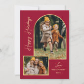 Modern Arch 3 Photo Burgundy Happy Holiday Card  Feestdagenkaart (Voorkant)