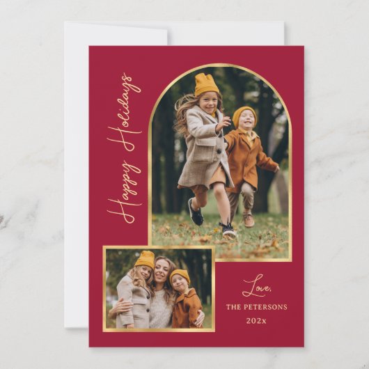 Modern Arch 3 Photo Burgundy Happy Holiday Card  Feestdagenkaart (Voorkant)
