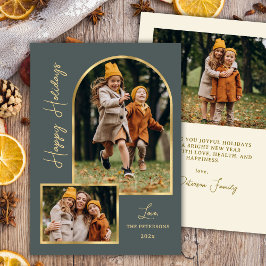 Modern Arch 3 Photo Green Happy Holiday Card  Feestdagenkaart