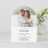 Modern Arch 4 Photo Script Engagement Party Kaart (Staand voorkant)