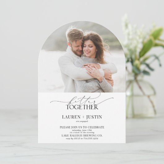 Modern Arch 4 Photo Script Engagement Party Kaart (Staand voorkant)