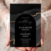 Modern Arch Black Gold Agate Wedding Kaart