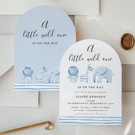Modern Arch Blue Safari Wild One Baby shower Kaart