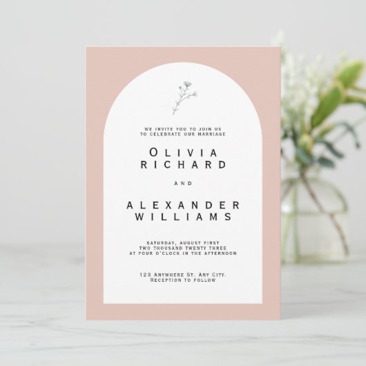 Modern Arch Blush Minimalist Wedding Invitation Kaart (Staand voorkant)