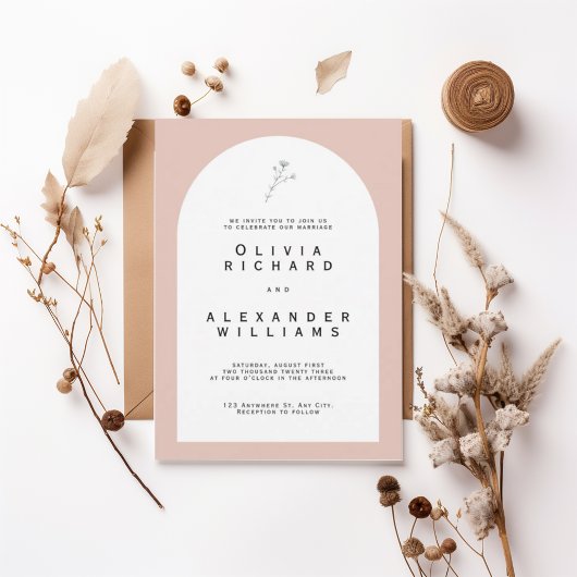 Modern Arch Blush Minimalist Wedding Invitation Kaart