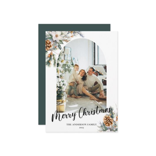 Modern Arch Botanisch groen & Foto Kerstmis Feestdagenkaart (Voorkant / Achterkant in situ)