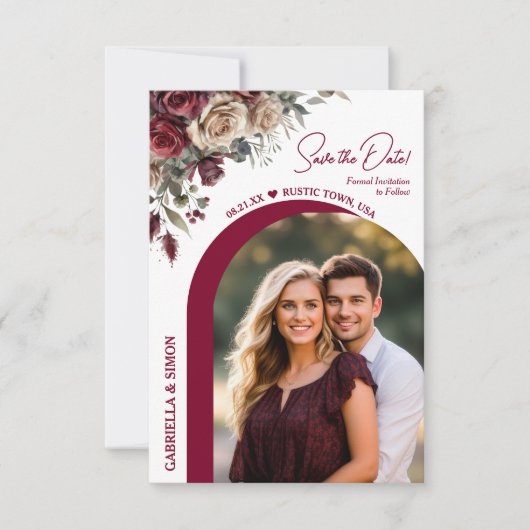 Modern Arch Bourgondië & Crème Rozen & Fotobruilof Save The Date (Voorkant)