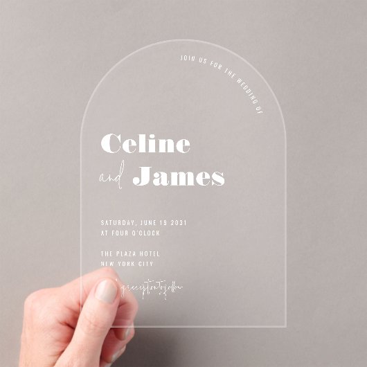 Modern Arch Custom White Overlay Clear Wedding Acryl Uitnodigingen (Insitu (Draagbaar))