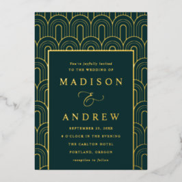 Modern Arch Deco Emerald en Gold Wedding Folie Uitnodiging