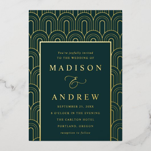 Modern Arch Deco Emerald en Gold Wedding Folie Uitnodiging (Voorkant)