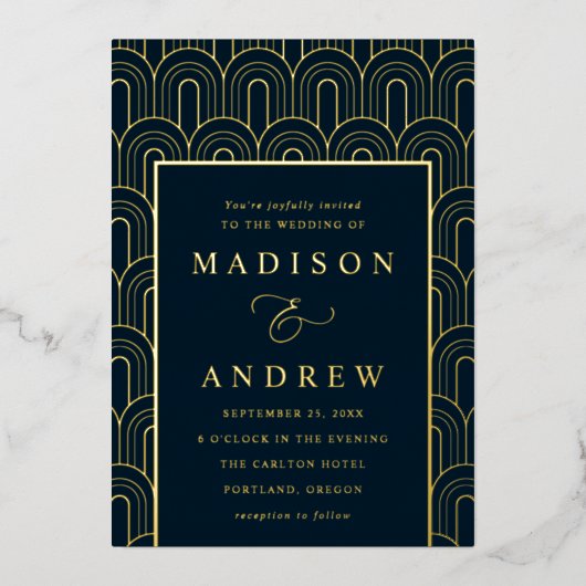 Modern Arch Deco Navy and Gold Wedding Folie Uitnodiging (Voorkant)