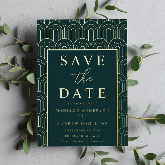 Modern Arch Deco Wedding Save the Date Folie Uitnodiging