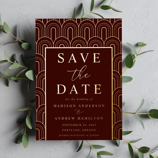 Modern Arch Deco Wedding Save the Date Folie Uitnodiging