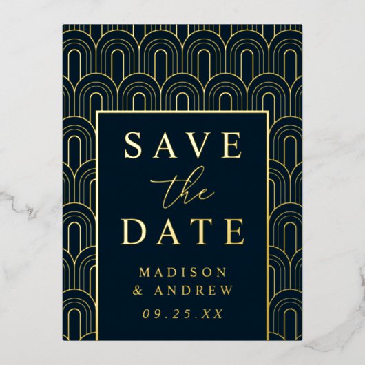 Modern Arch Deco Wedding Save the Date Folie Uitnodiging Briefkaart (Voorkant)