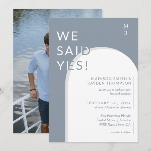 Modern Arch Dusty Blue Photo Wedding Kaart (Voorkant / Achterkant)