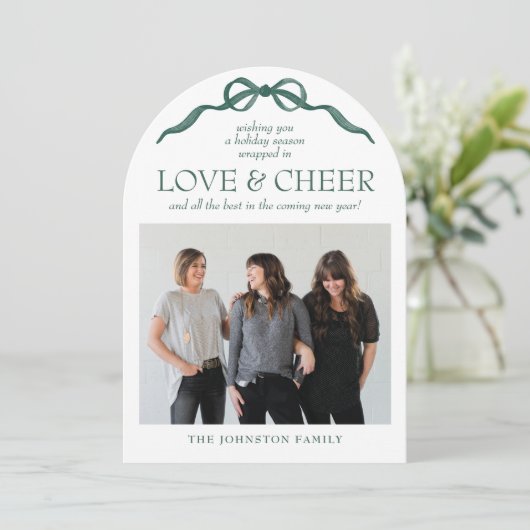 Modern Arch Elegant Green Bow Photo Holiday Kaart (Staand voorkant)
