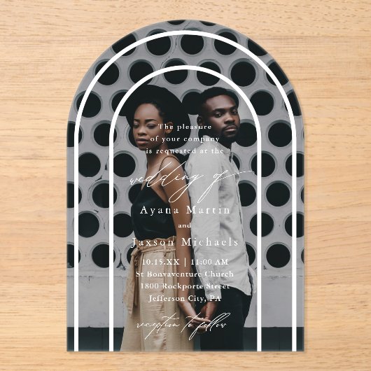 Modern Arch Elegante Fotobruiloft Acryl Uitnodigingen (Voorkant)