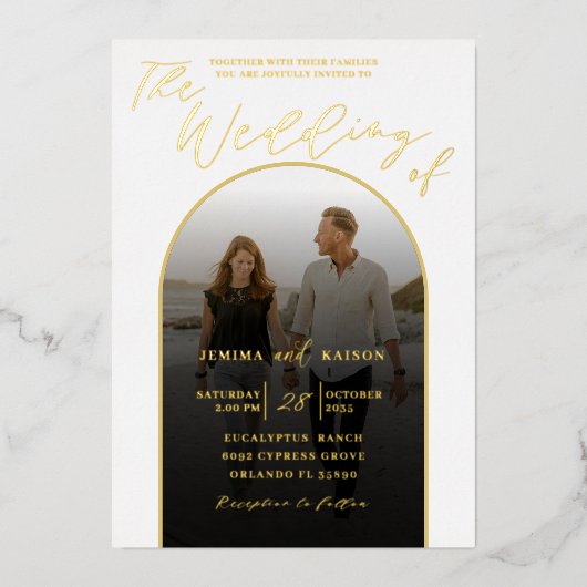 Modern Arch Gold Foil Script & Photo Wedding Folie Uitnodiging (Voorkant)