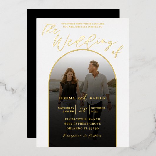 Modern Arch Gold Foil Script & Photo Wedding Folie Uitnodiging (Voorkant / Achterkant)