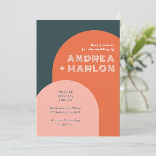 Modern Arch Groovy Retro Wedding Kaart (Staand voorkant)