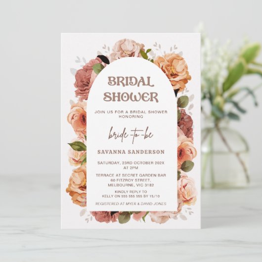 Modern Arch Herfst Bloemen Bruids Douche Uitnodigi Kaart (Staand voorkant)