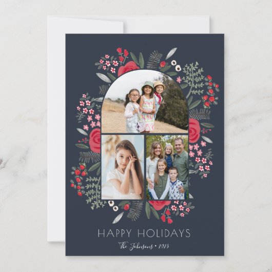 Modern Arch Lijst Bloemen Familie Kerst 3 Foto Feestdagenkaart (Voorkant)