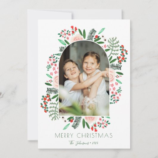 Modern Arch Lijst Bloemen Familie Kerstmis Foto Feestdagenkaart (Voorkant)