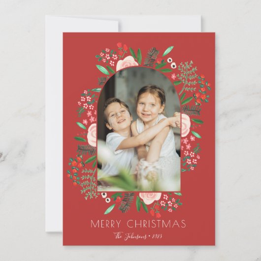 Modern Arch Lijst Bloemen Familie Kerstmis Foto Feestdagenkaart (Voorkant)