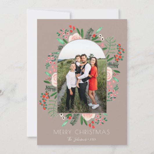 Modern Arch Lijst Bloemen Familie Kerstmis Foto Feestdagenkaart (Voorkant)