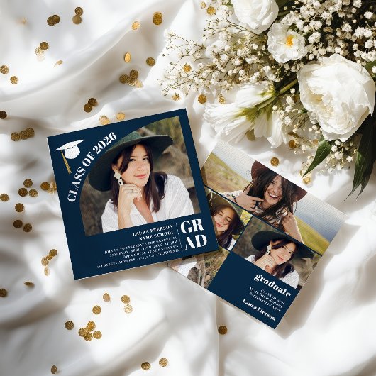 Modern arch navy blue 5 photos graduation kaart