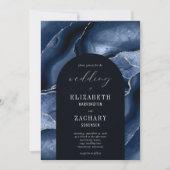 Modern Arch Navy Blue Silver Agate Wedding Kaart (Voorkant)